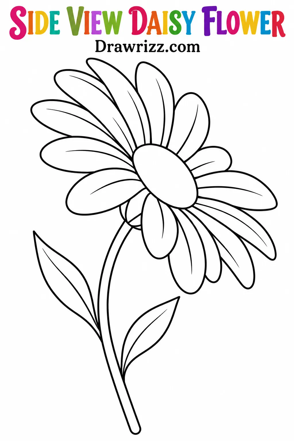 Daisy Drawing Ideas featuring a side-view daisy with an oval center, layered petals, curved stem, and two slender leaves art.