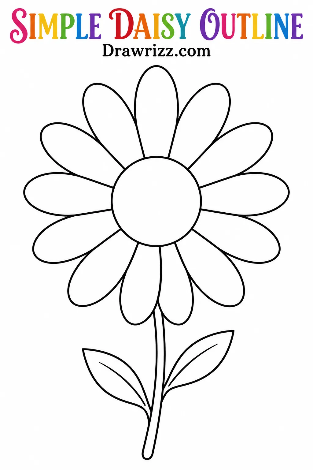 Daisy Drawing Ideas featuring a simple flower outline with twelve oval petals, round center, slender stem, and two leaves art.