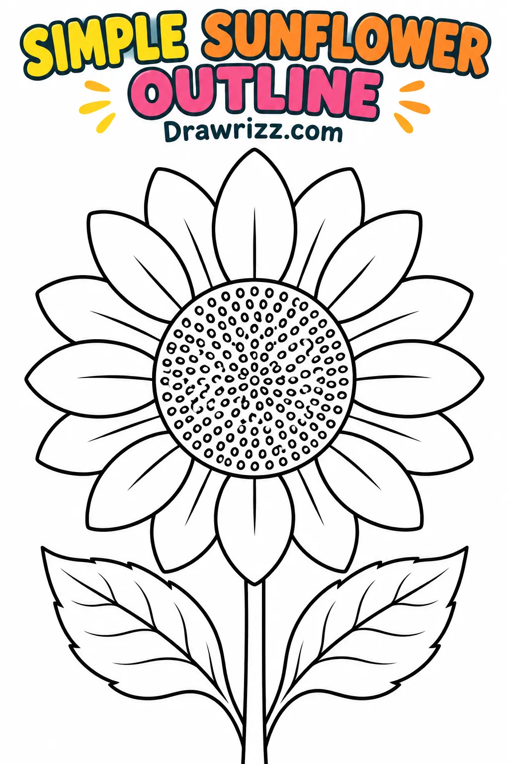 Sunflower drawing ideas with a simple black and white flower outline, rounded petals, two leaves and bold lines for coloring