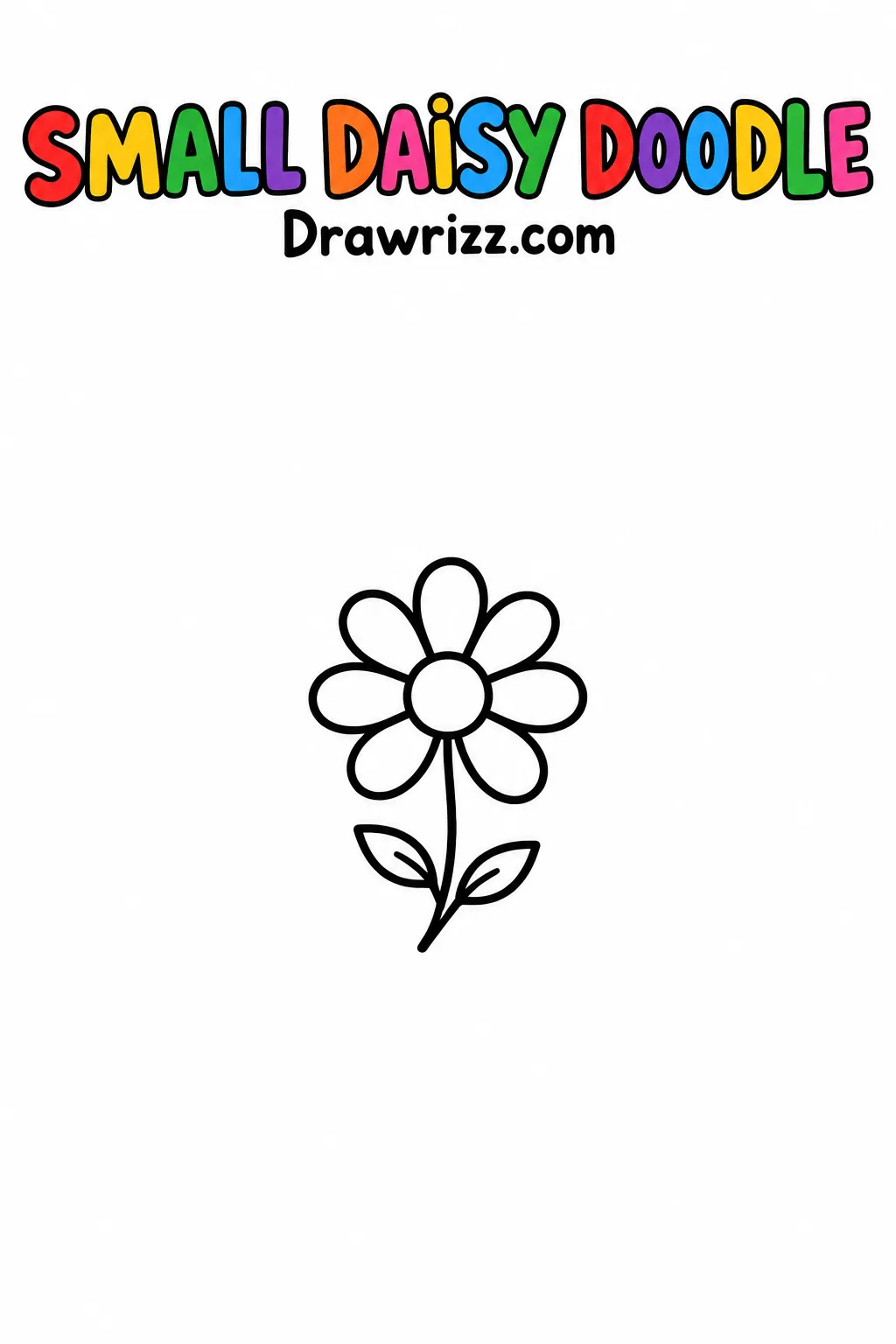 Daisy Drawing Ideas shows a cute daisy doodle with eight rounded petals, a curved stem and two leaves in bold black outlines.