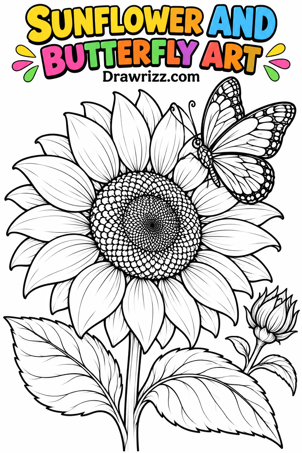 Sunflower drawing ideas featuring a detailed bloom with a butterfly, textured center, broad leaves, and an unopened flower bud.