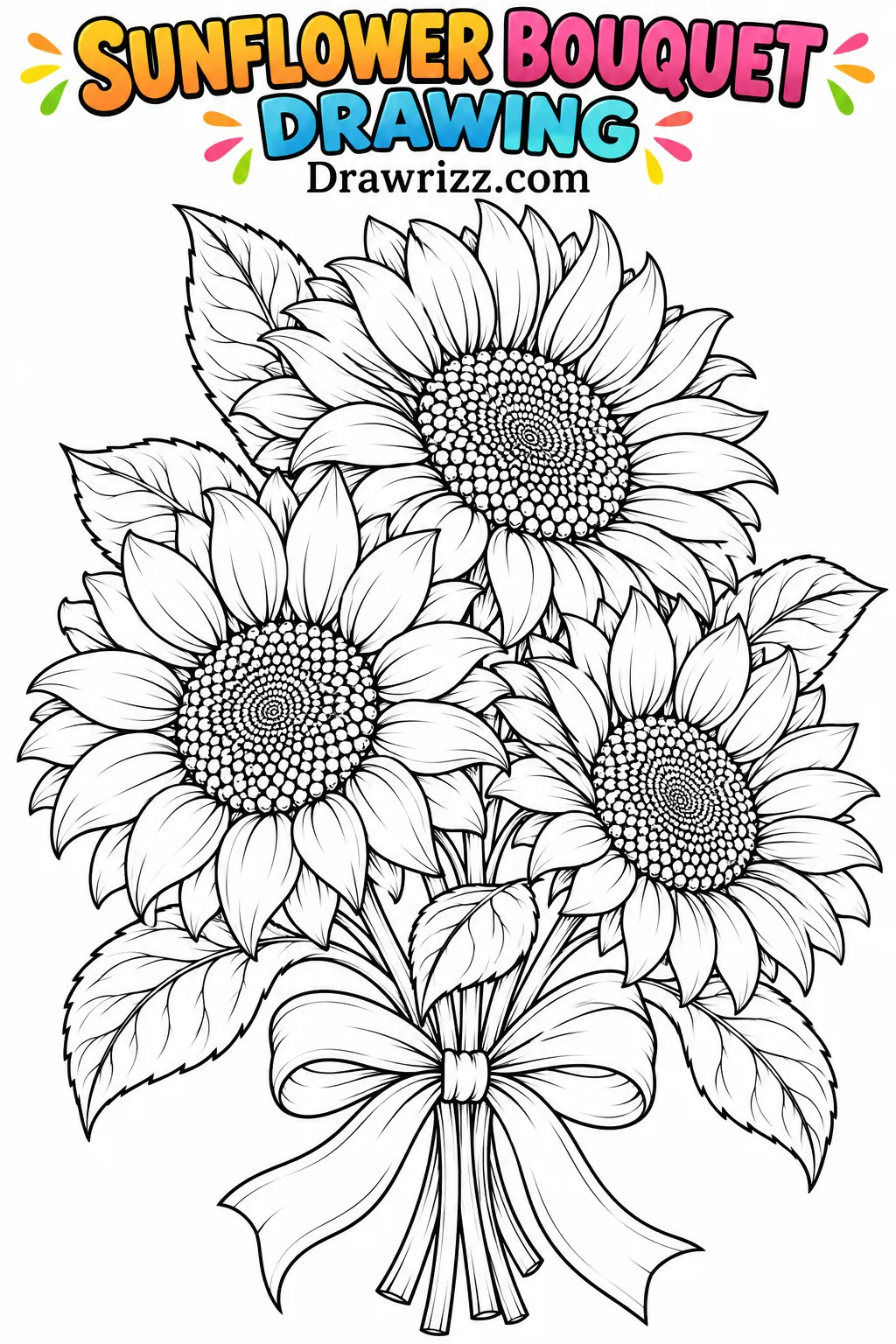 Sunflower drawing ideas featuring three detailed blooms in a tied bouquet with layered petals, leafy stems, and a ribbon bow.