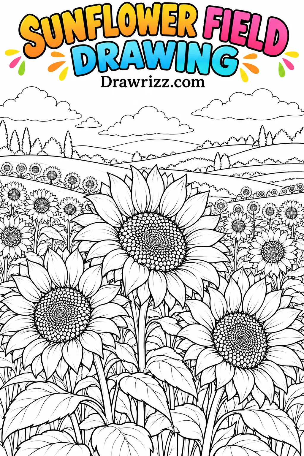 Sunflower drawing ideas featuring three large blooms in a scenic field with rolling hills, distant flowers and fluffy clouds.