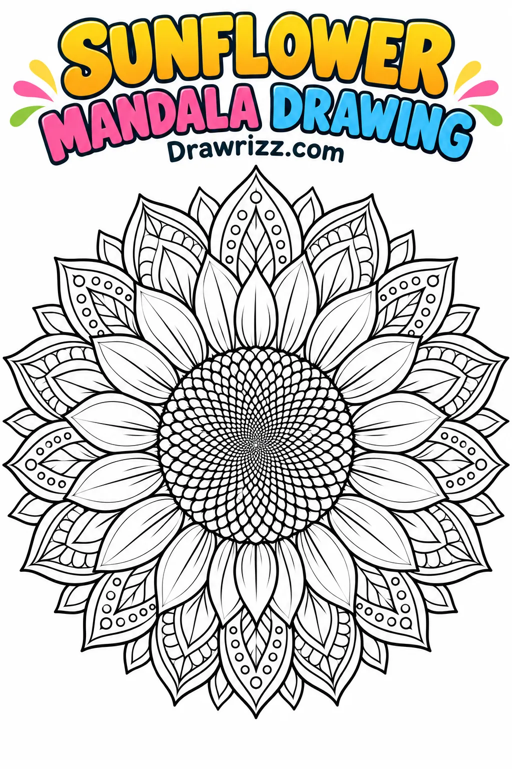 Sunflower drawing ideas featuring a detailed floral mandala with layered petals, geometric patterns and a spiral seed center.