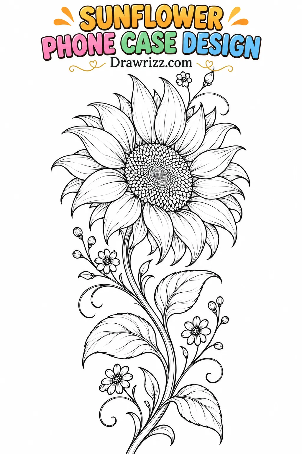 Sunflower drawing ideas featuring elegant black outline floral art, a flowing stem, delicate leaves, and tiny flowers on white