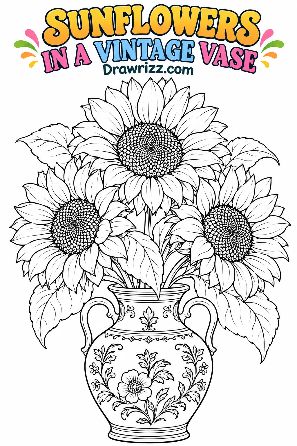Sunflower drawing ideas featuring three detailed blooms in a vintage patterned vase with broad leaves and crisp coloring outlines