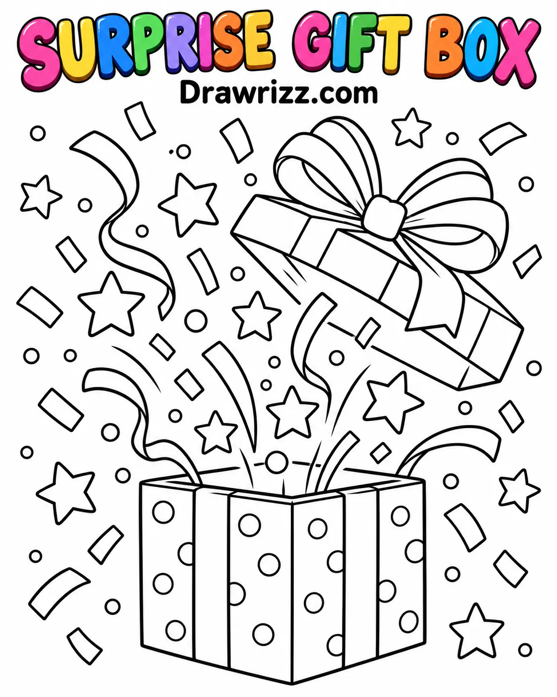 Confetti Drawing Ideas featuring an open surprise gift box with a ribbon bow, floating stars, circles, and festive party confetti
