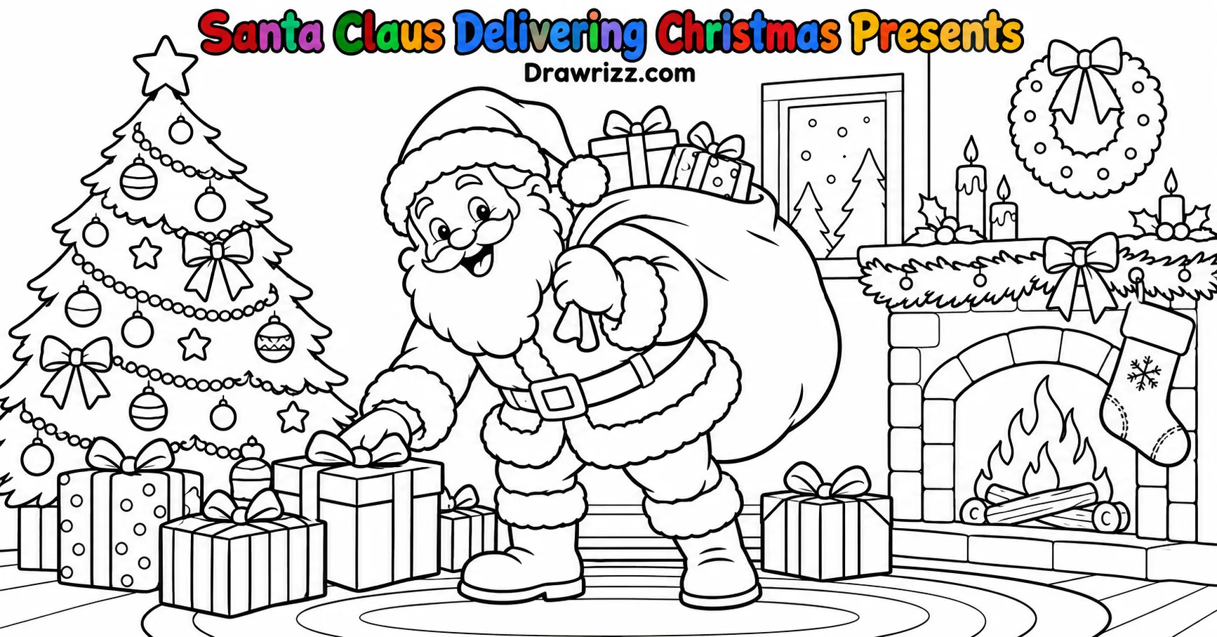 Christmas Celebration Drawing Ideas featuring Santa delivering gifts beside a decorated tree, cozy fireplace, and festive presents