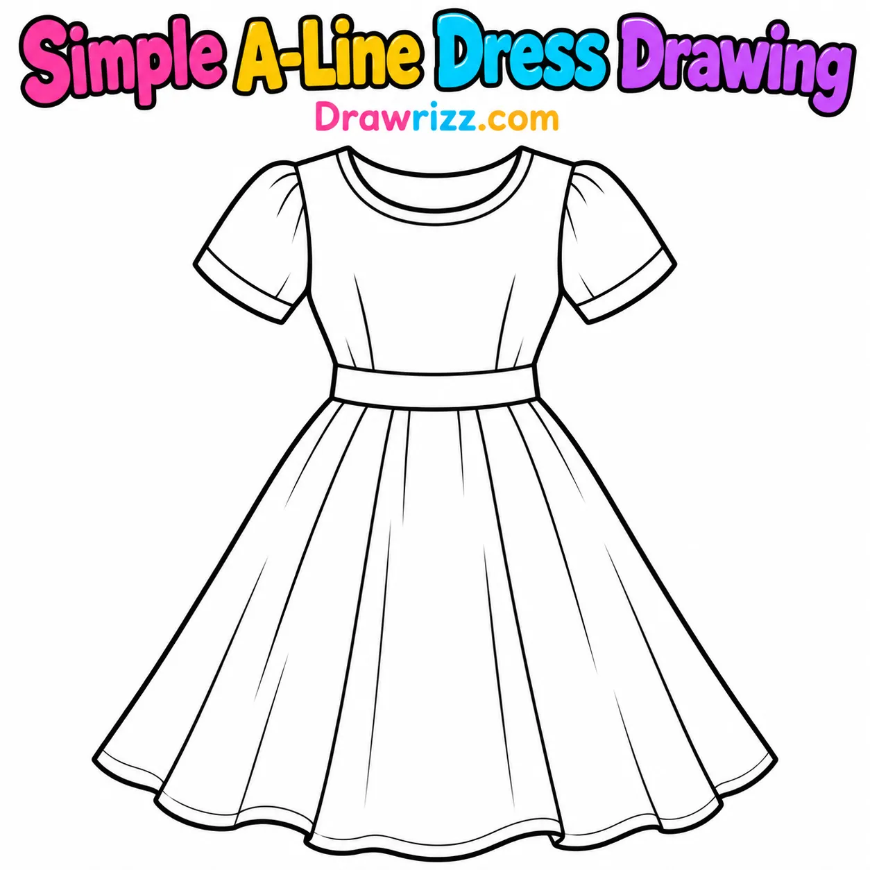 Dress Drawing Ideas featuring a simple A-line dress with short sleeves, round neckline, fitted waist and flared skirt to color.