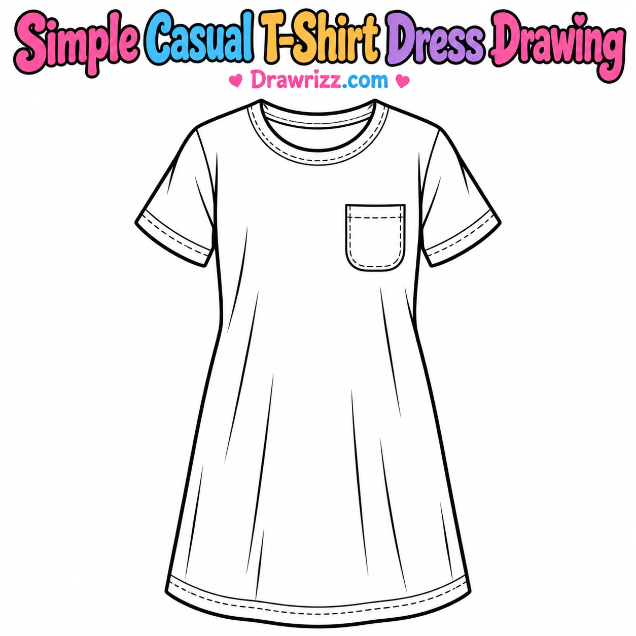 Dress Drawing Ideas featuring a simple casual T-shirt dress with short sleeves, crew neck and pocket, printable coloring page