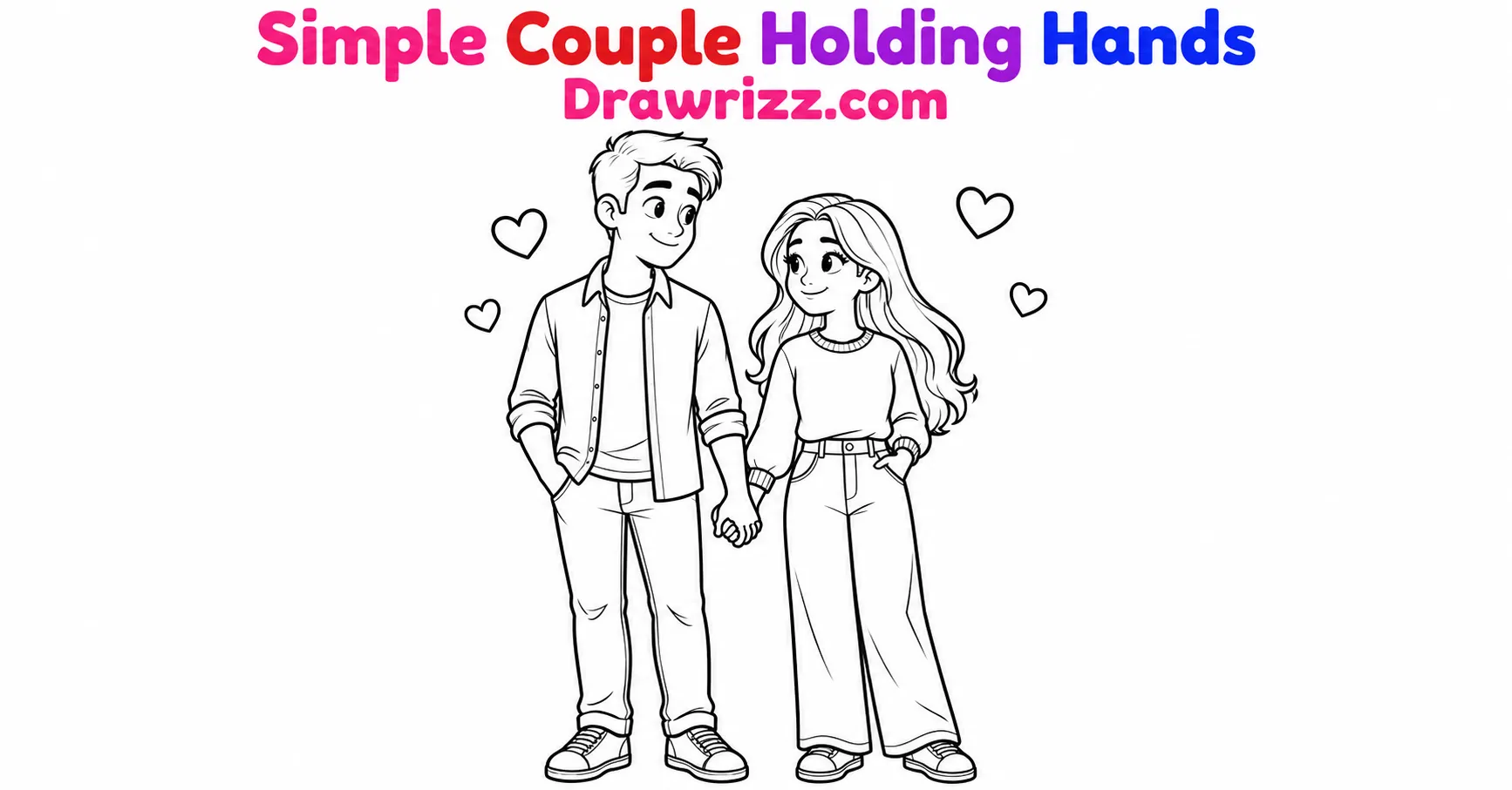 Anniversary drawing ideas with a couple holding hands, modest outfit, hearts and clean black-and-white coloring page line art