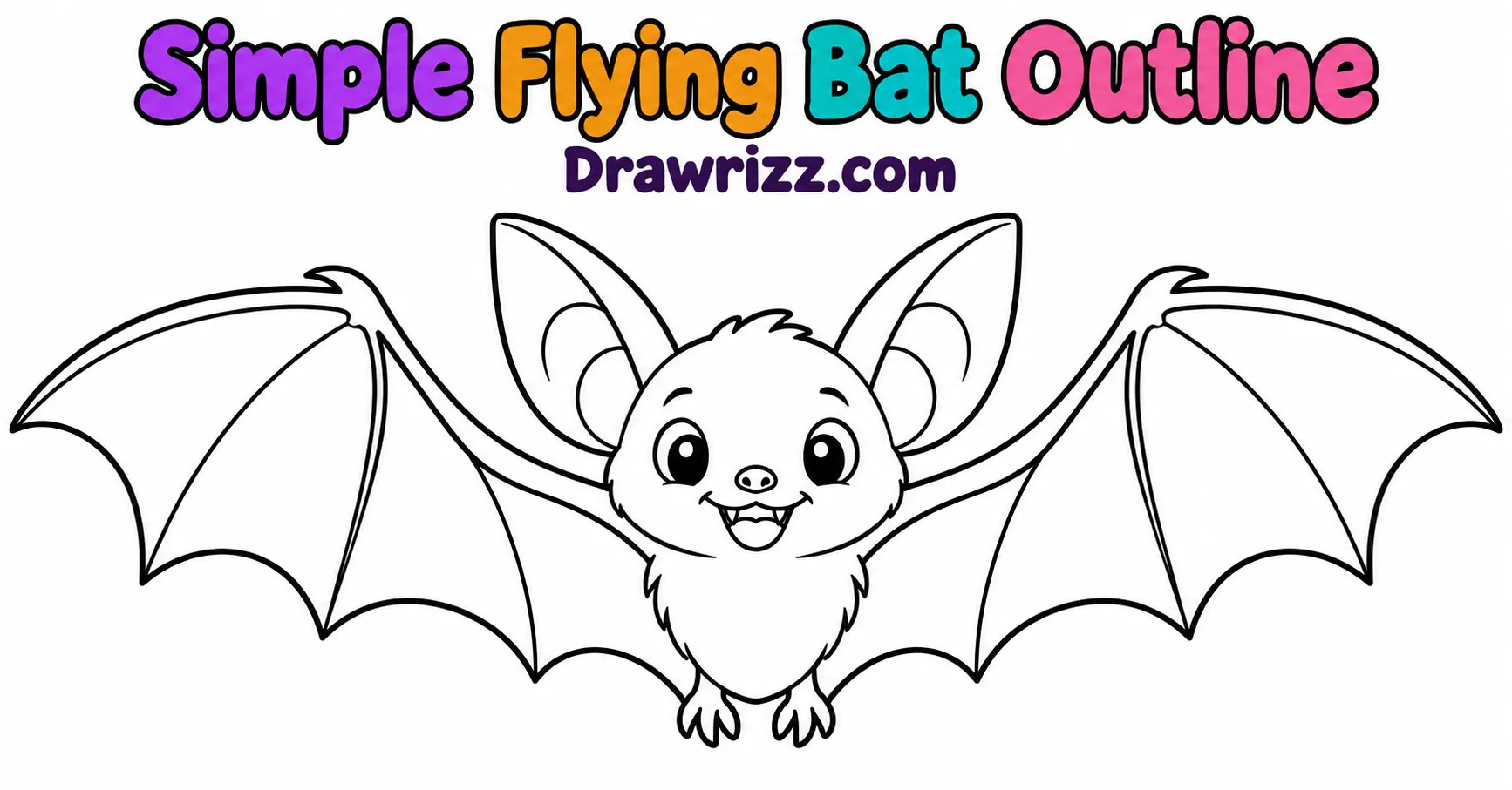 15 Bat Drawing Ideas for Cute and Easy Sketches Simple flying bat outline with spread wings, pointed ears, and a cute smiling face for kids. Easy Bat Drawing Ideas