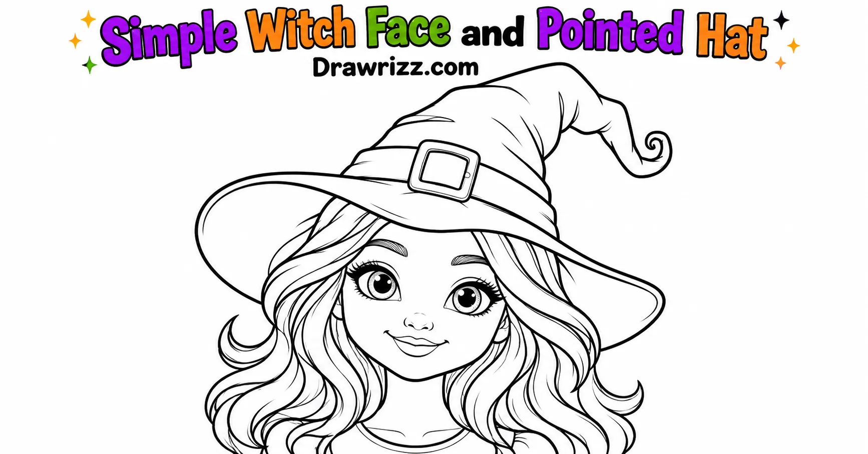 Witch drawing ideas featuring a cute witch face, big expressive eyes, flowing hair, and a crooked pointed hat coloring pages