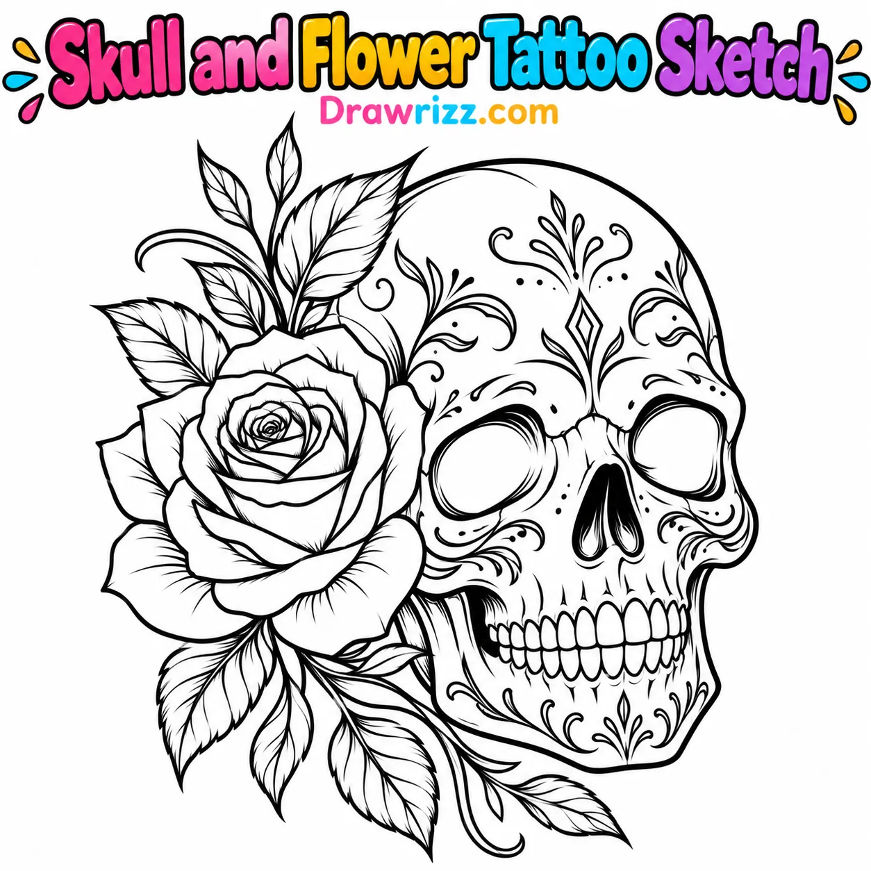 15 Tattoo Sketch Drawing Ideas for Creative Beginners Tattoo Sketch Drawing Ideas featuring a decorative skull with blooming rose, curved leaves and floral details in black line art.