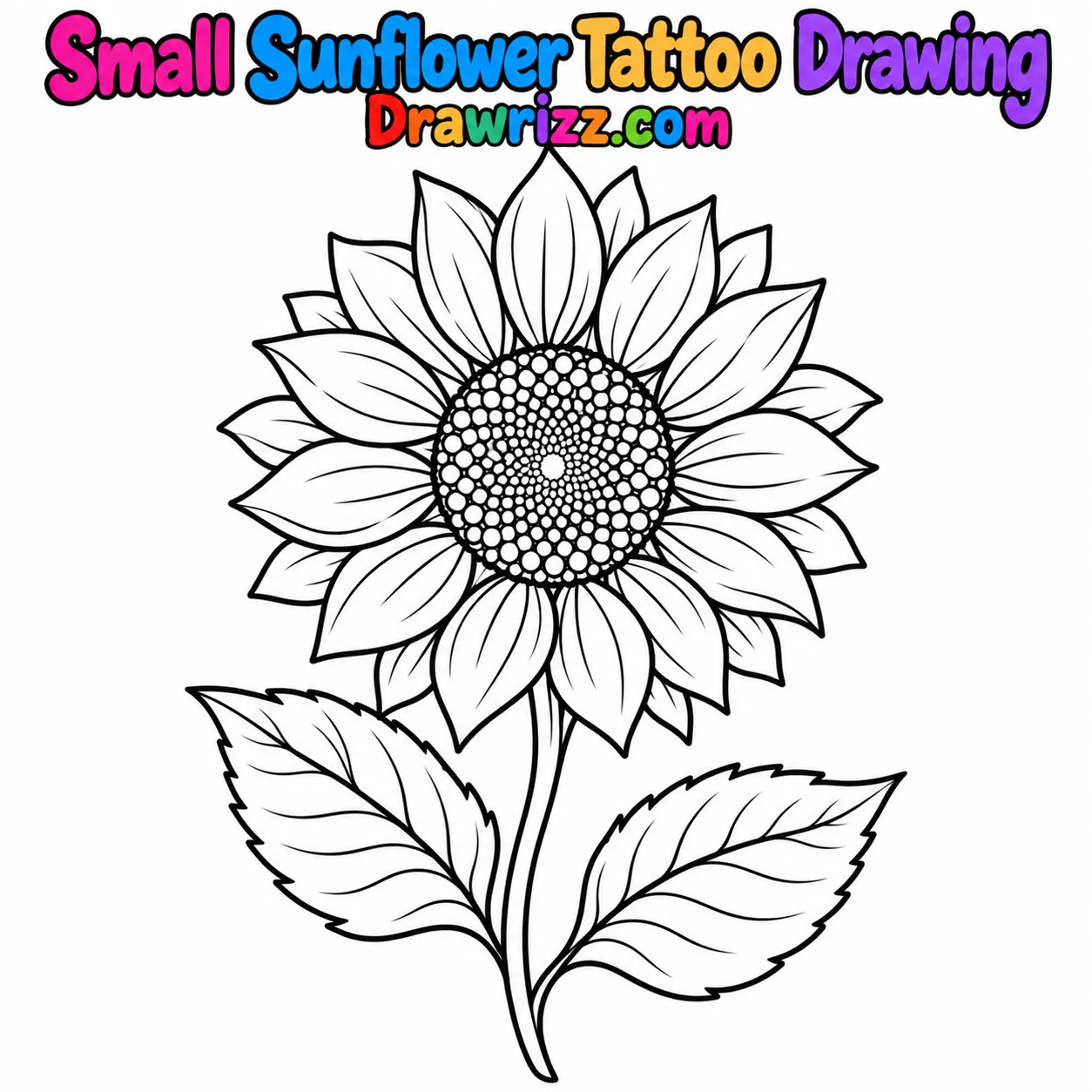 15 Tattoo Sketch Drawing Ideas for Creative Beginners Tattoo Sketch Drawing Ideas featuring a small sunflower tattoo with detailed petals, a patterned center, stem and two broad leaves.