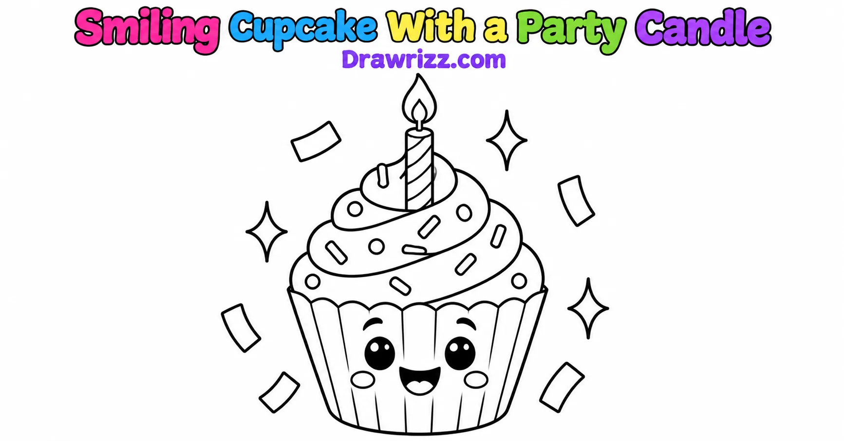New Year Drawing Ideas featuring a cute smiling cupcake with swirled frosting, a striped candle, and festive confetti in coloring art.