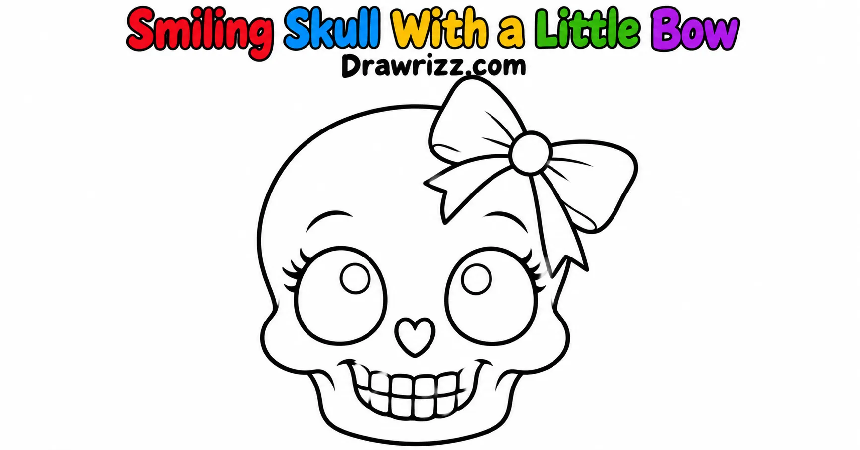 Halloween Doodle Ideas featuring a cute smiling skull with a ribbon bow, heart-shaped nose, big eyes, and black-and-white outlines