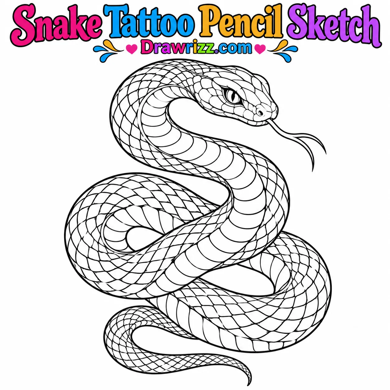 15 Tattoo Sketch Drawing Ideas for Creative Beginners Snake Tattoo Pencil Sketch featuring a coiled snake with detailed scales, expressive eyes and forked tongue in black line art.