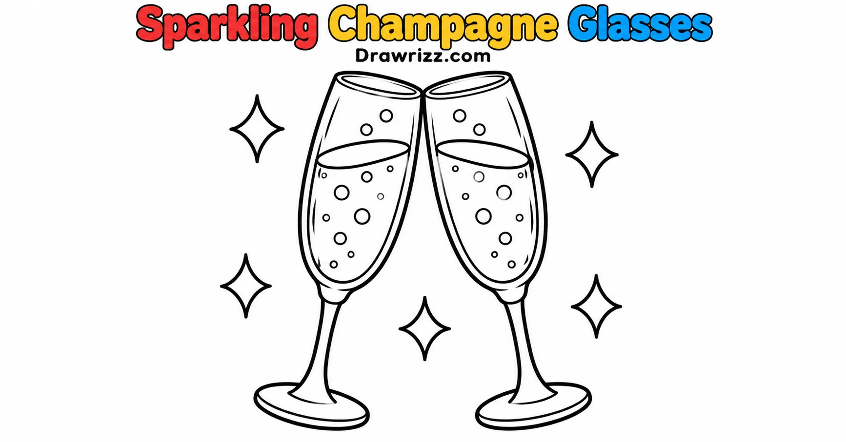 New Year Drawing Ideas featuring two clinking champagne glasses with bubbles and five sparkling stars in black-and-white coloring art.