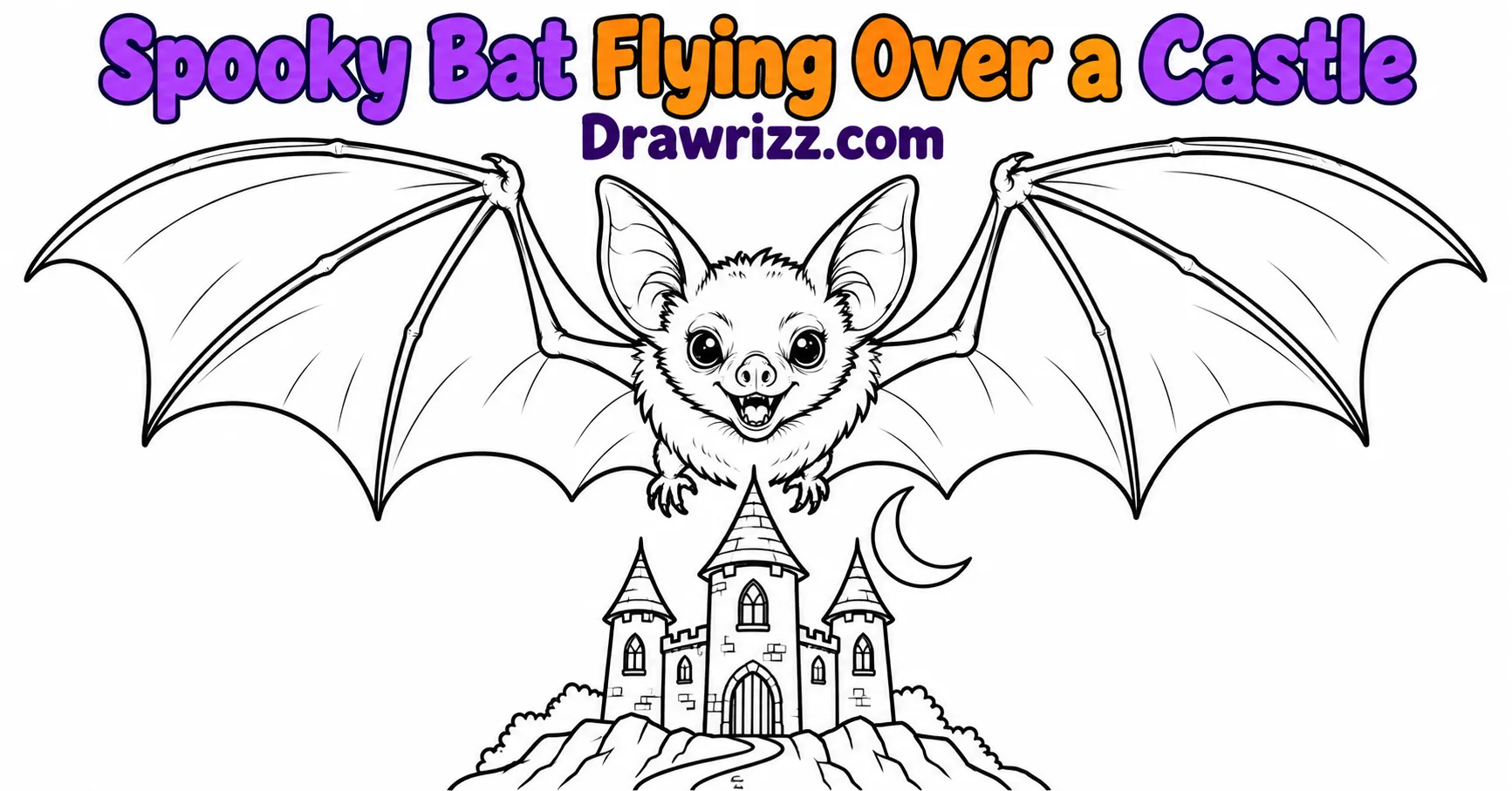 15 Bat Drawing Ideas for Cute and Easy Sketches Bat Drawing Ideas featuring a spooky flying bat above a gothic castle with three towers, a crescent moon, and detailed black outlines for kids to color.