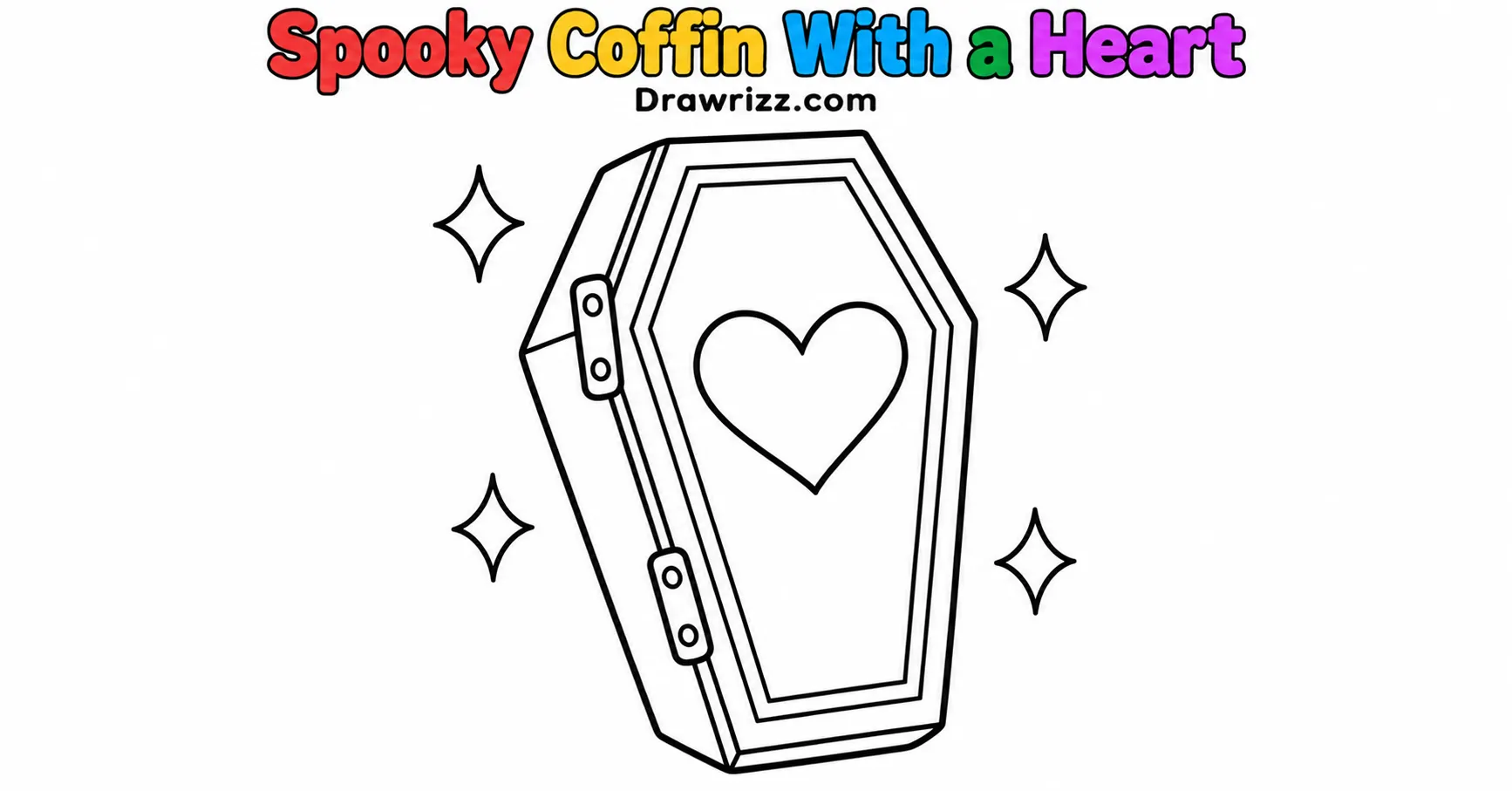 Halloween Doodle Ideas featuring a cute six-sided coffin with a heart, decorative double border, and four sparkles in black outlines.