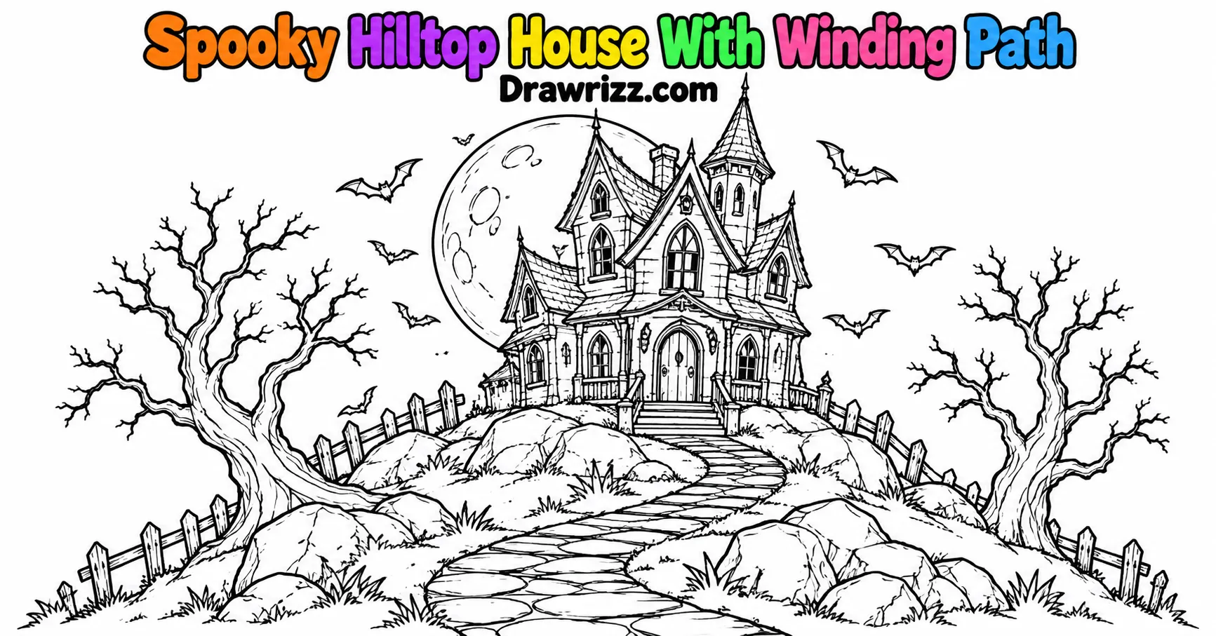 Haunted House Drawing Ideas with spooky hilltop home, winding stone path, bare trees, rocks, full moon and flying bats art.