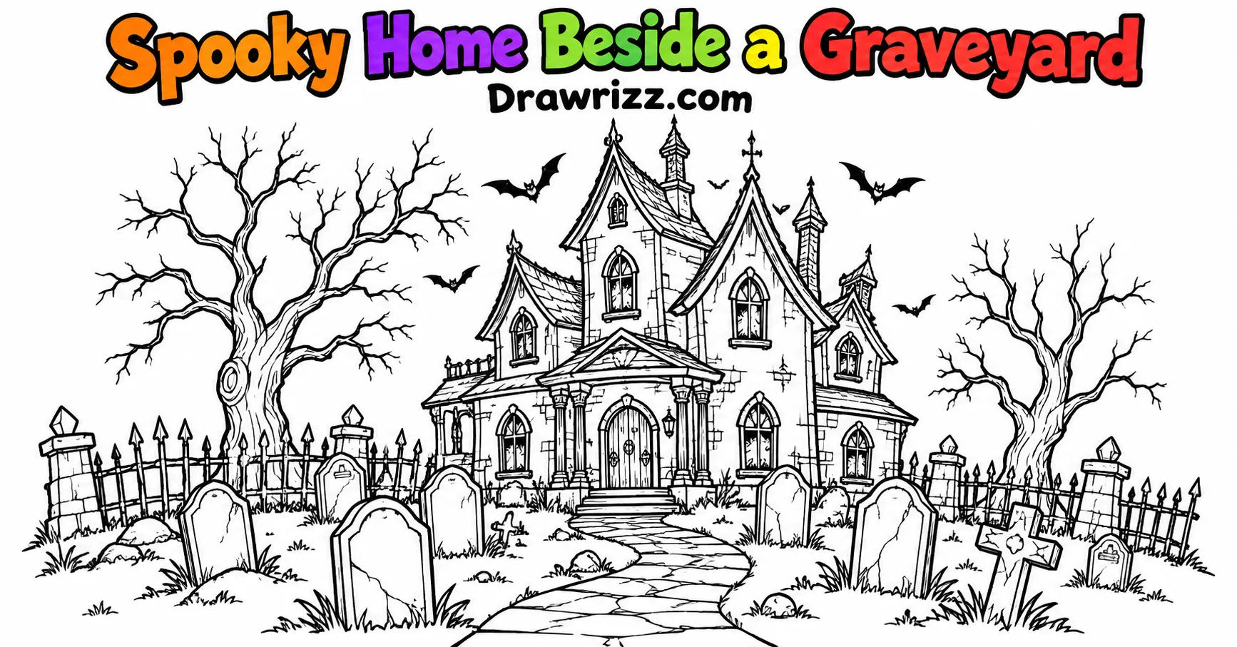 Haunted house drawing ideas featuring a spooky old home, graveyard, crooked fence, bare trees, tombstones and a winding path