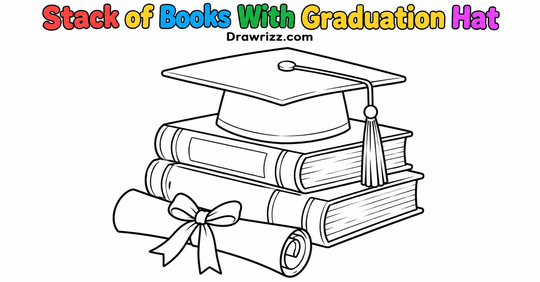 Graduation Drawing Ideas featuring stacked textbooks, a graduation cap, and a rolled diploma in a simple black-and-white outline.