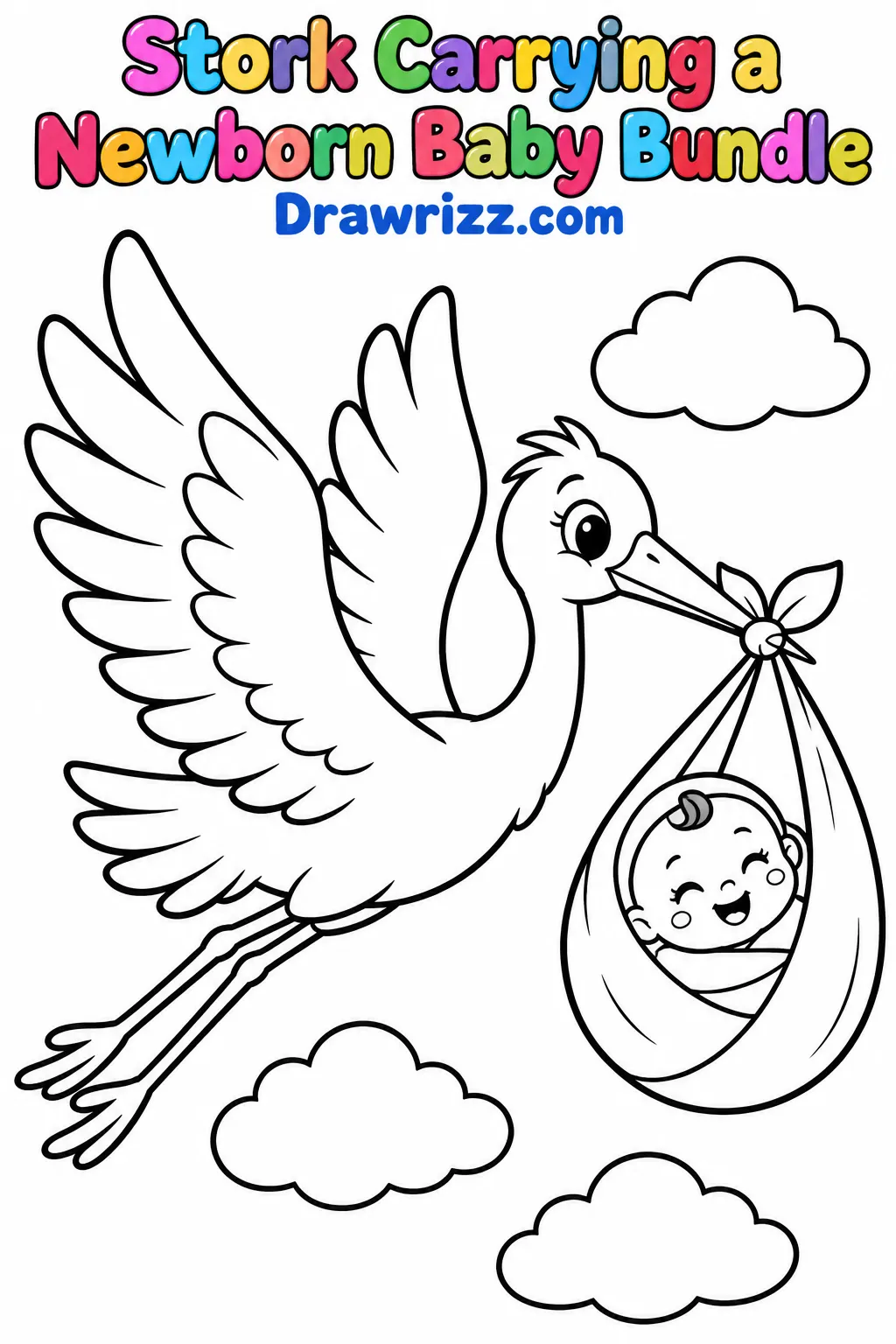 Baby shower drawing ideas featuring a cheerful flying stork carrying a newborn baby bundle, with clouds and bold coloring lines.