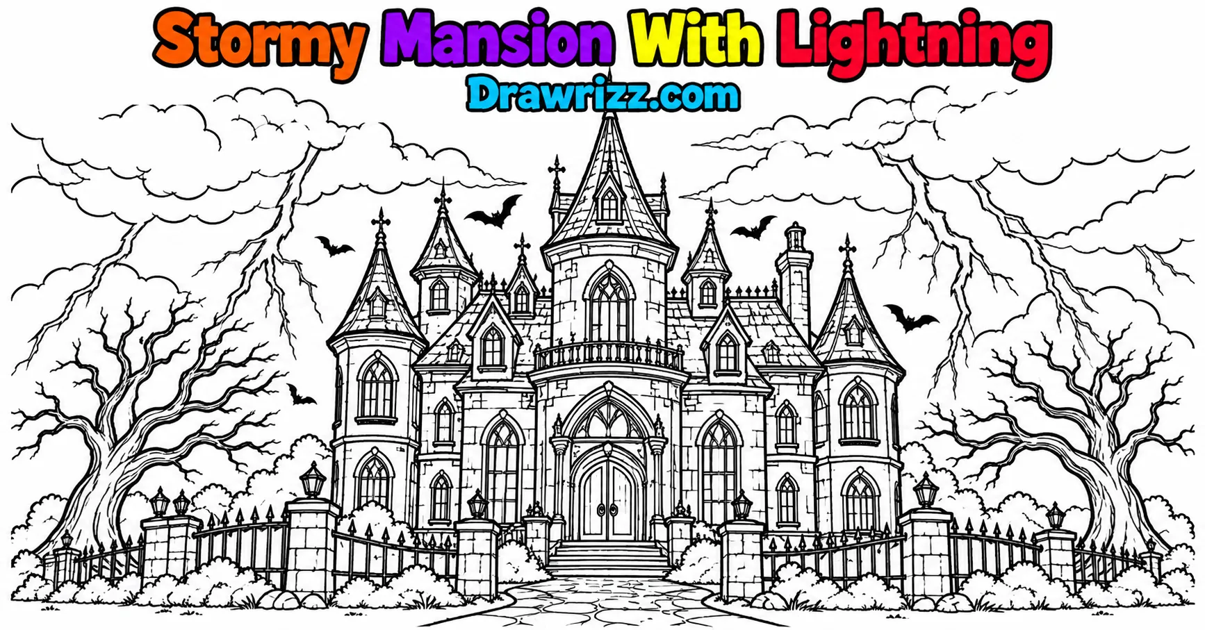 Haunted House Drawing Ideas with a stormy spooky mansion, crooked towers, lightning, bare trees, dark clouds and flying bats