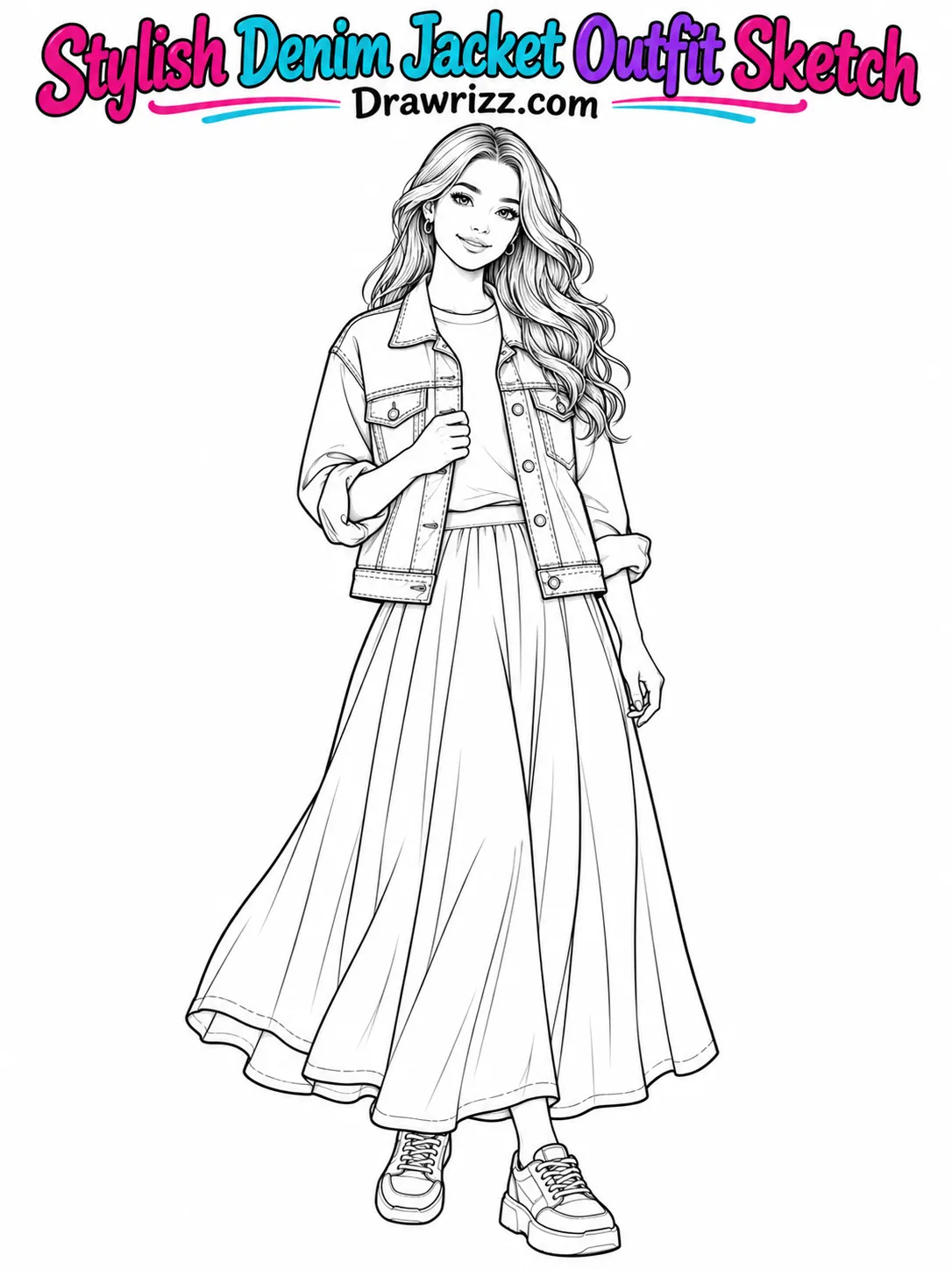 Fashion sketch drawing ideas featuring a woman in a denim jacket, long flowing skirt, crew-neck top, and sneakers to color.