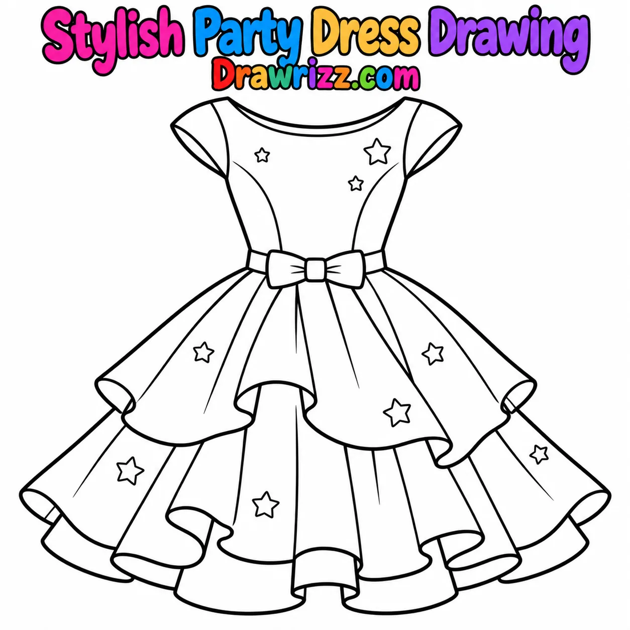 Dress Drawing Ideas featuring a stylish party dress with layered ruffles, star details, boat neckline and bow belt to color.