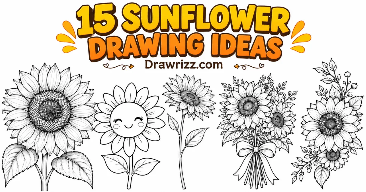 Sunflower drawing ideas featuring 15 creative designs, including realistic blooms, cute flowers, bouquets, and easy floral art.