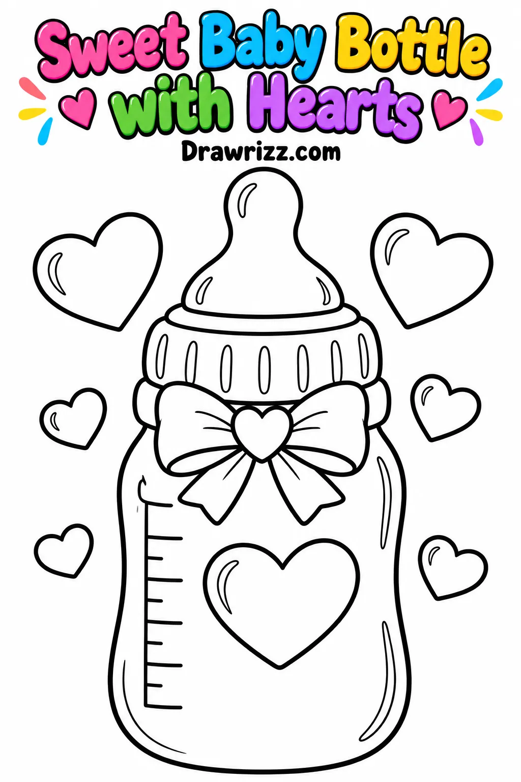 Sweet baby bottle with hearts, ribbon bow and measurement marks coloring page, featuring baby shower drawing ideas for kids.