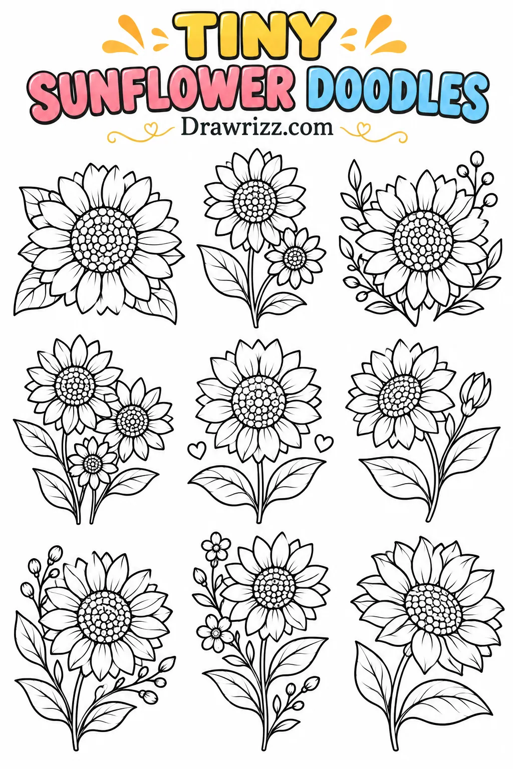 Sunflower drawing ideas featuring nine cute floral doodles with blooming petals, leafy stems, and bold black outlines to color