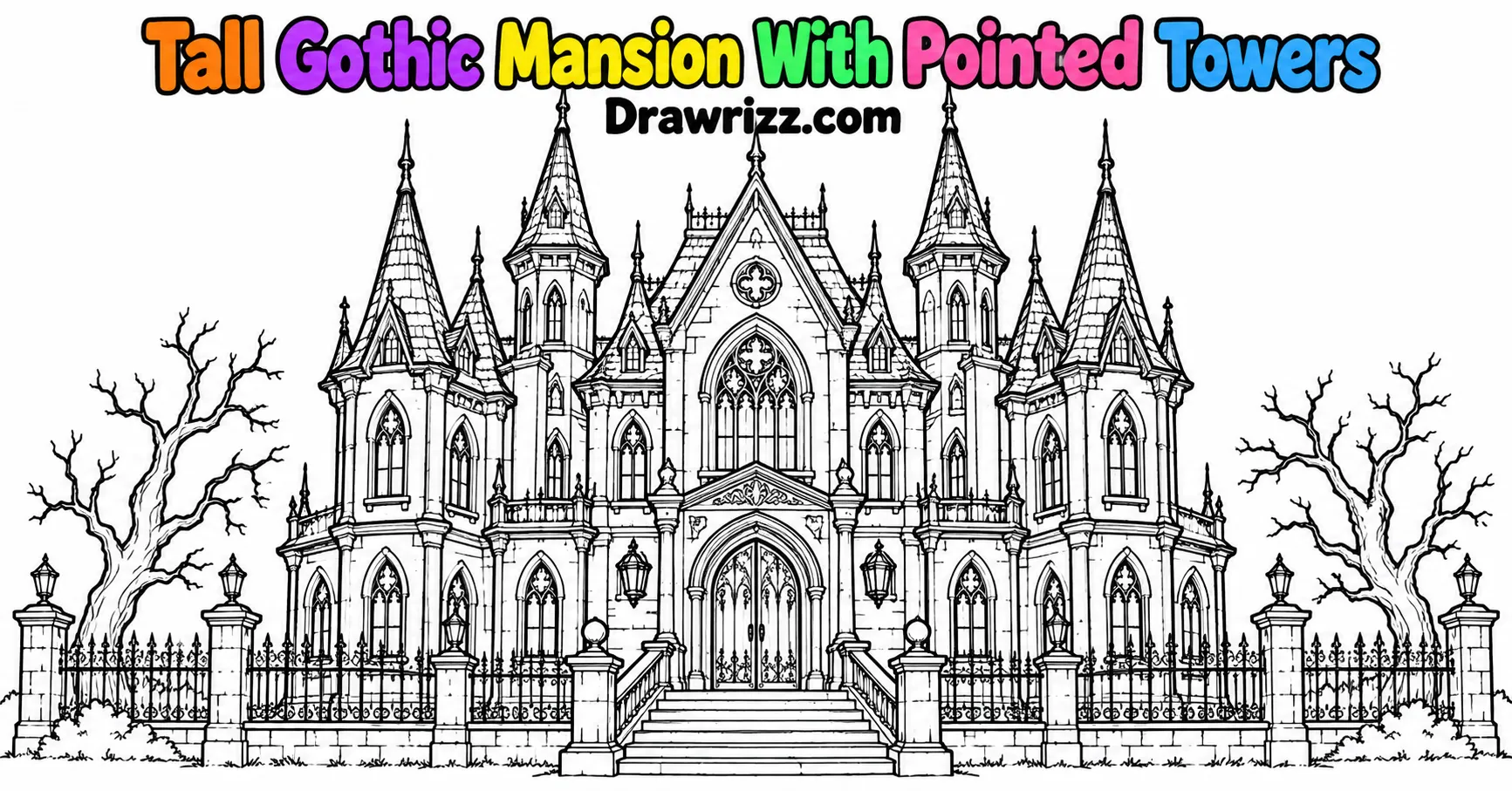 Haunted House Drawing Ideas with Gothic mansion, pointed towers, arched windows, iron fence and crisp black-and-white art.