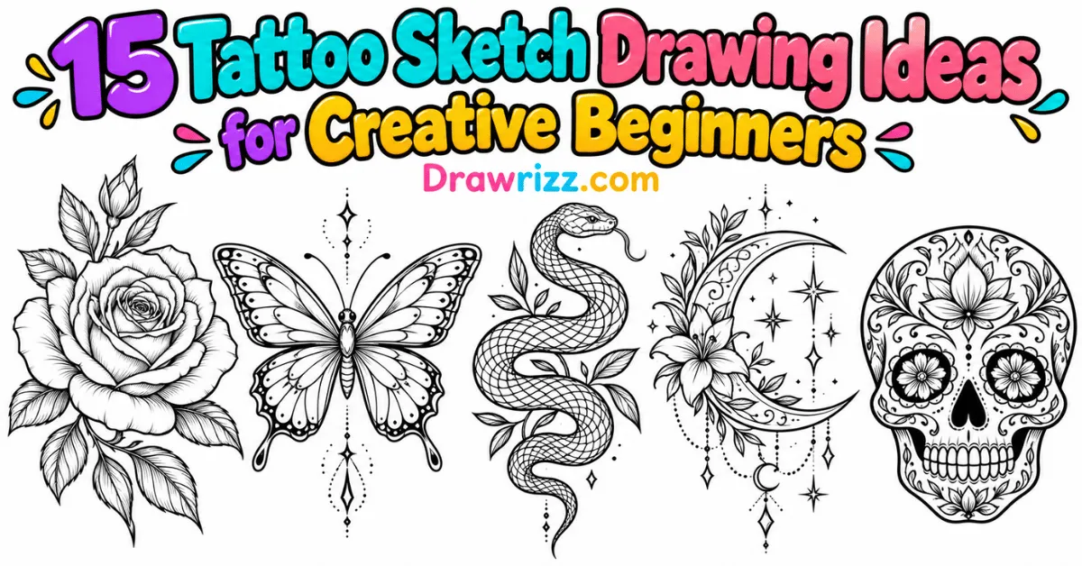 Tattoo Sketch Drawing Ideas featuring rose, butterfly, snake, crescent moon and skull designs in black and white for beginners.