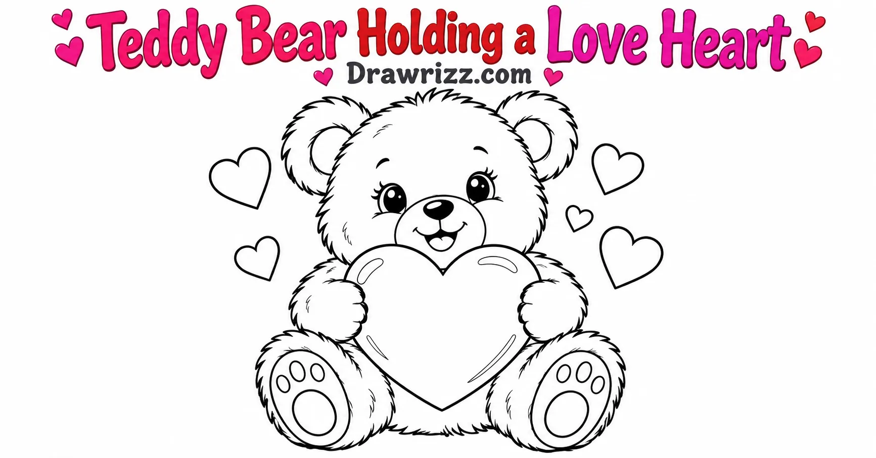 Valentine’s Day Drawing Ideas featuring a cute teddy bear holding a big heart, with floating hearts in black and white art.
