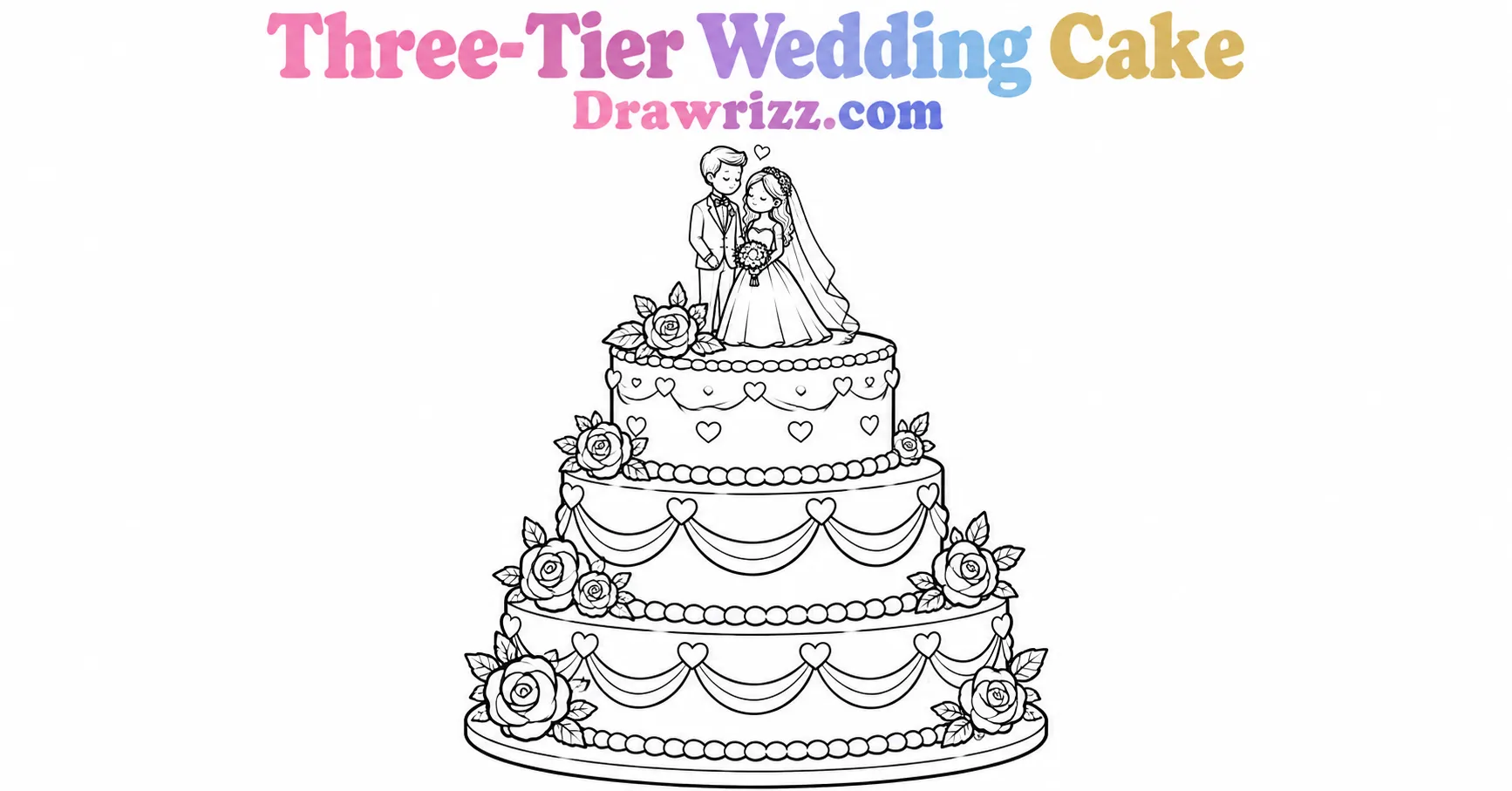 15 Wedding Drawing Ideas for Easy and Romantic Sketches Wedding drawing ideas featuring a three-tier wedding cake with roses, hearts, piped icing and a cute bride and groom topper.