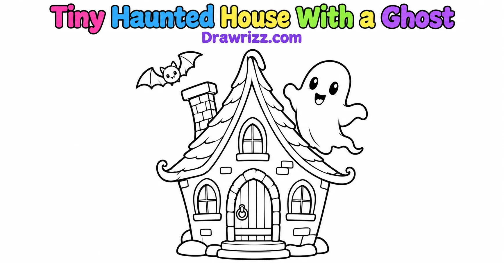 Halloween Doodle Ideas featuring a tiny haunted house with a crooked roof, smiling ghost, and flying bat in black-and-white line art.
