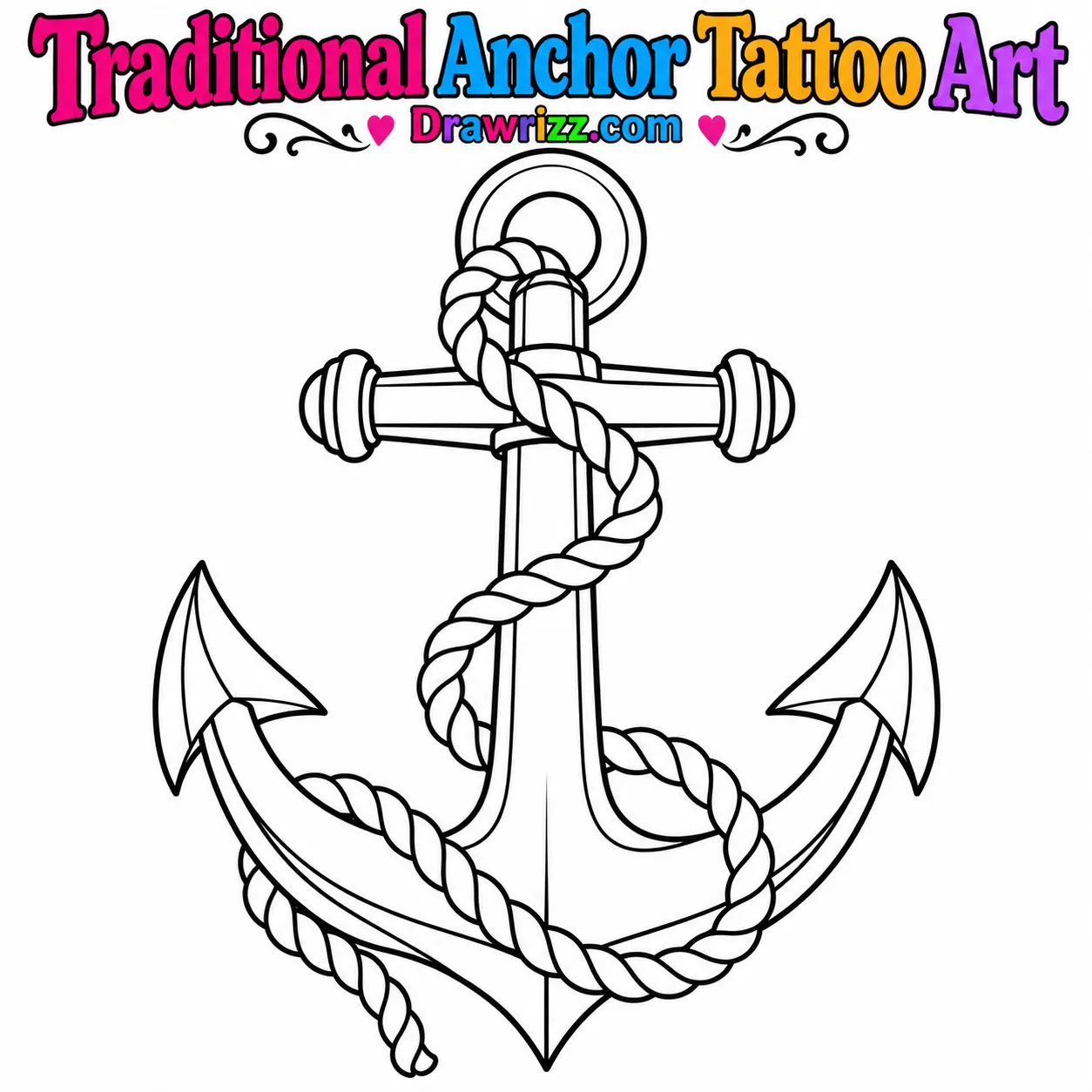 15 Tattoo Sketch Drawing Ideas for Creative Beginners Traditional Anchor Tattoo Art coloring page featuring a nautical anchor with wrapped rope, curved arms and bold black outlines.