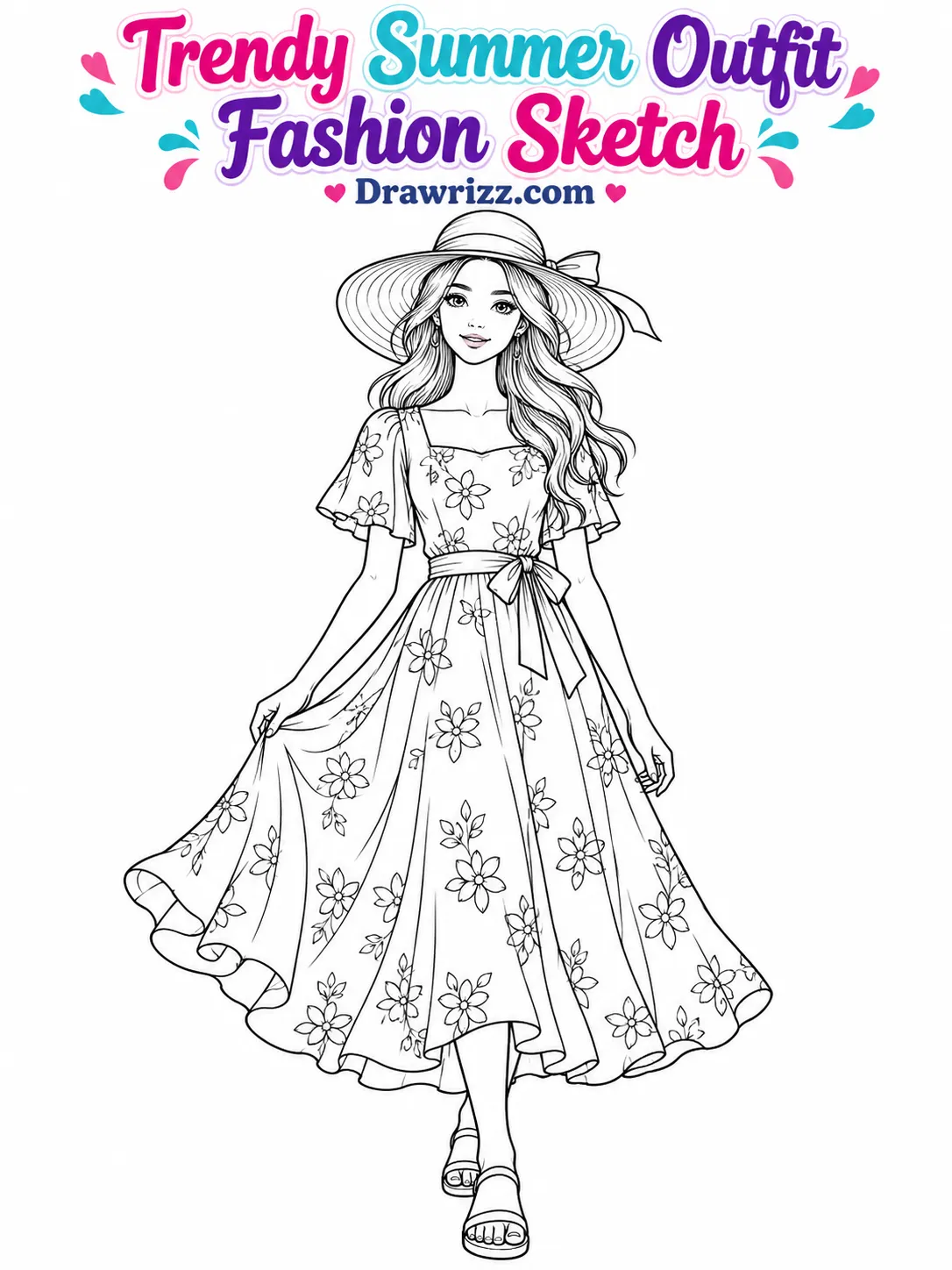 Fashion sketch drawing ideas featuring a summer floral midi dress, wide-brim hat, waist ribbon and sandals in black line art.