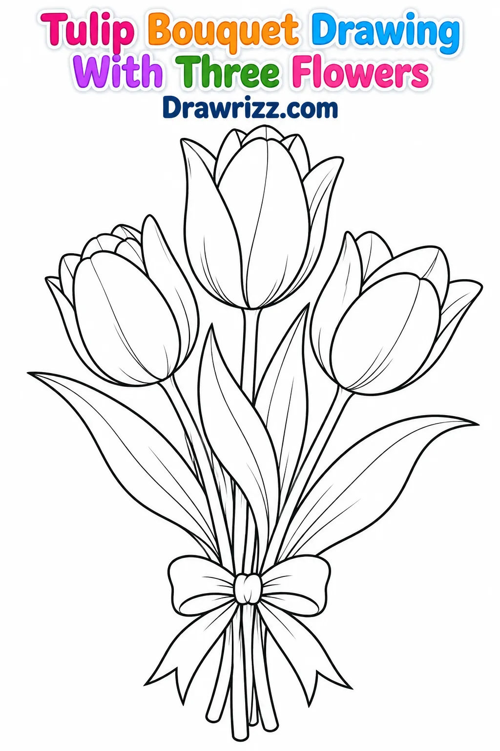 Tulip Drawing Ideas featuring three elegant tulips tied with a ribbon bow, crisp black outlines and leaves for coloring pages