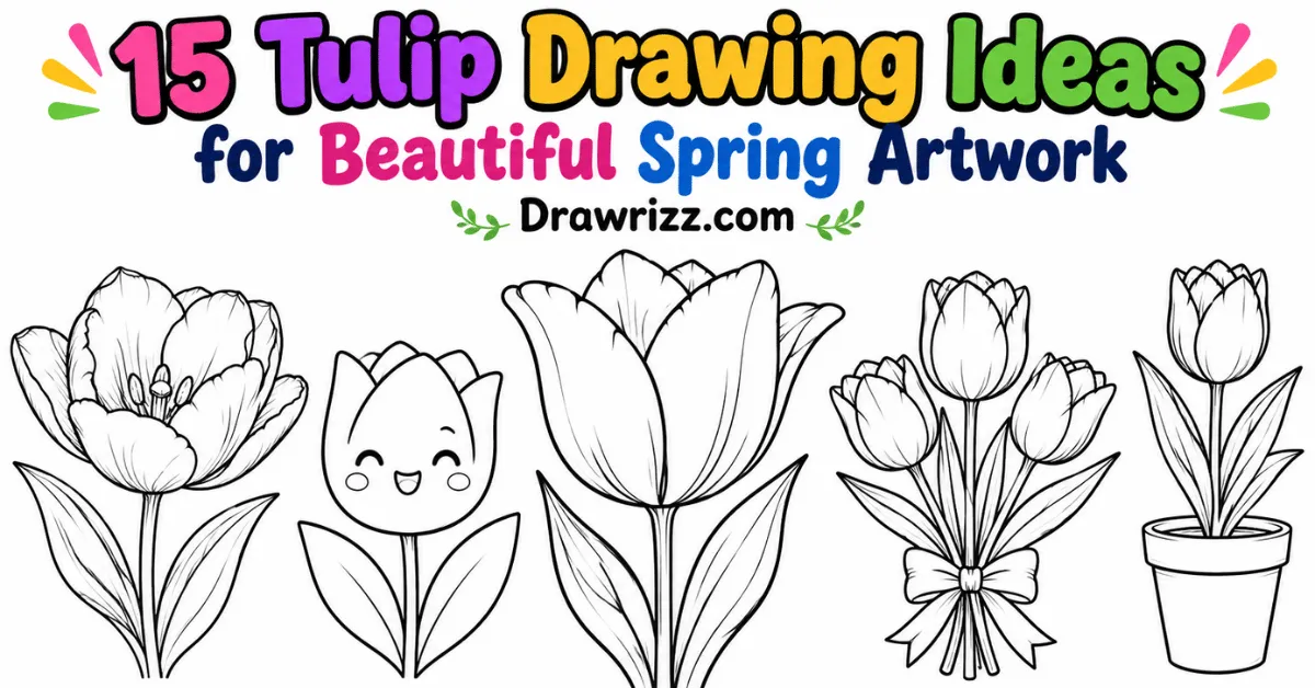 Tulip Drawing Ideas featuring five black and white flowers: smiling tulip, realistic bloom, elegant tulip, bouquet and pot art.