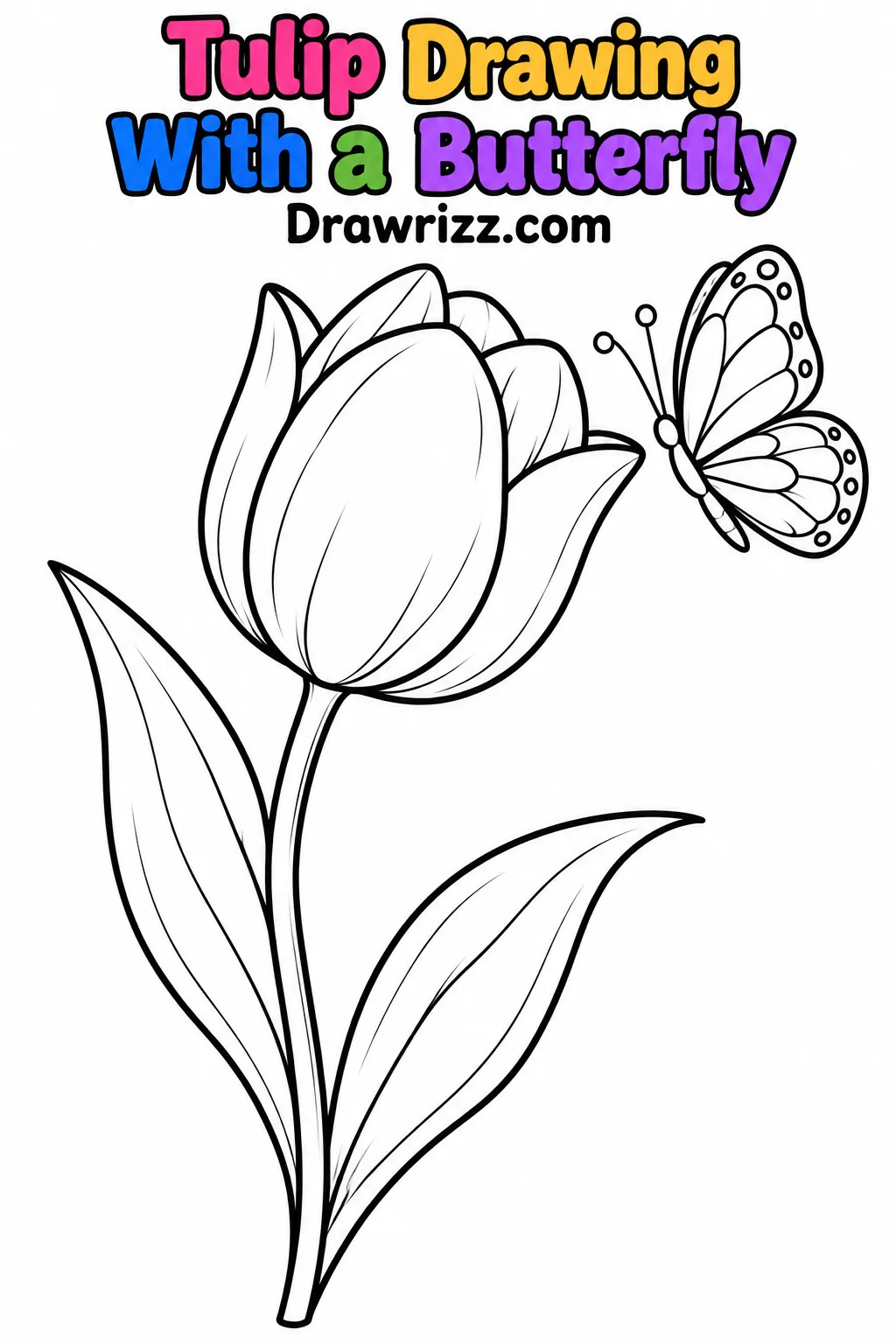 Tulip Drawing Ideas featuring a large tilted tulip, curved stem, two leaves and a patterned butterfly in black and white art.