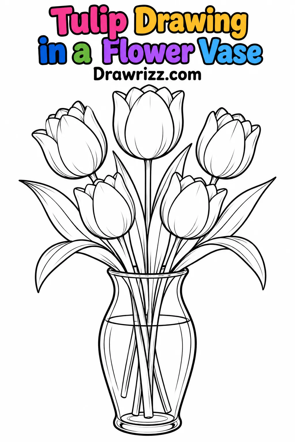 Tulip Drawing Ideas featuring five elegant tulips in a glass vase with graceful leaves and clean black outlines for coloring.