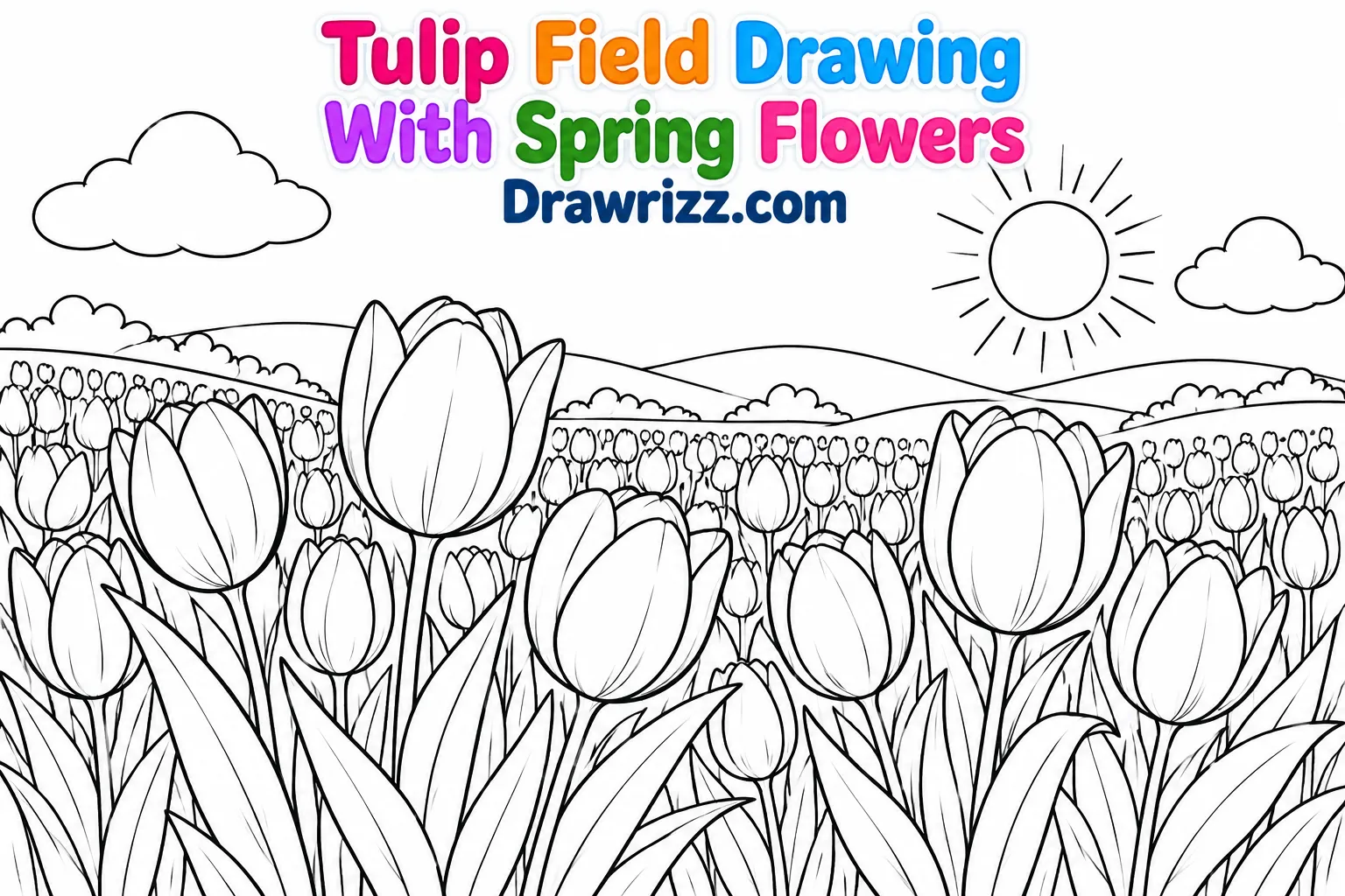 Tulip Drawing Ideas featuring a spring field of blooming tulips, rolling hills, sun and clouds in black and white coloring art