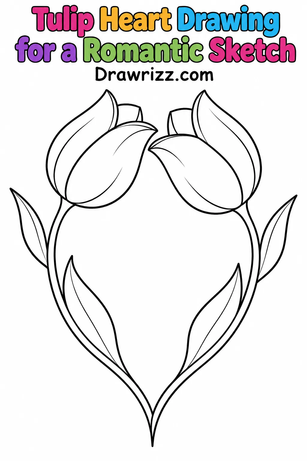Tulip Drawing Ideas featuring two romantic tulips with curved stems forming a heart, delicate leaves and clean coloring outlines.