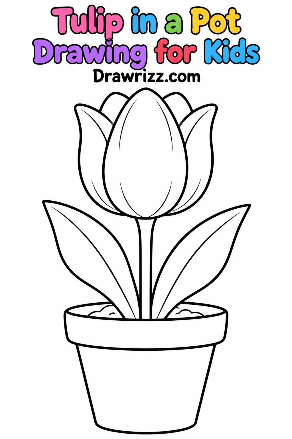 Tulip Drawing Ideas featuring a big tulip in a flowerpot with broad leaves, soil details, and bold outline for kids to color