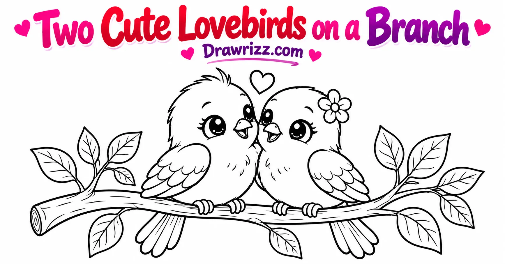 Valentine’s Day Drawing Ideas featuring two cute lovebirds on a branch with a floating heart, easy black-and-white line art.